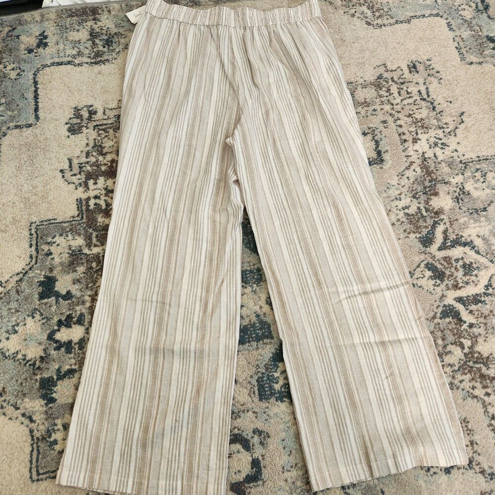 Land 'n Sea Wide Leg Pants Womens L Linen Blend Elastic White Beige Stripes - Picture 4 of 11